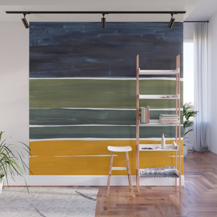 Late November Rothko Inspired Colorful Stripes Navy Blue Olive Green Yellow Wall Mural Gallery Image 1