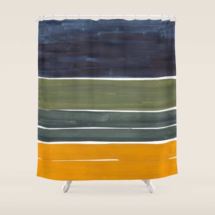 Late November Rothko Inspired Colorful Stripes Navy Blue Olive Green Yellow Shower Curtain Gallery Image 1