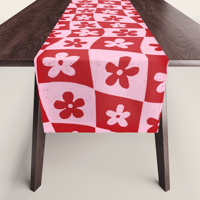 Red and Pink Retro Daisy Checkerboard Swirl Pattern Table Runner Gallery Image 1