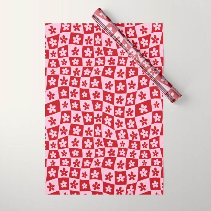 Red and Pink Retro Daisy Checkerboard Swirl Pattern Wrapping Paper Gallery Image 1