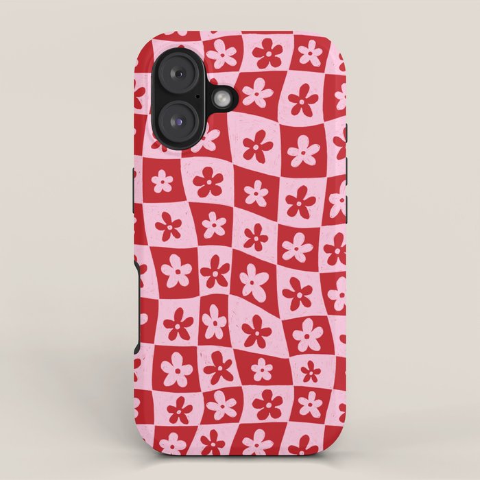Red and Pink Retro Daisy Checkerboard Swirl Pattern iPhone Case Gallery Image 1