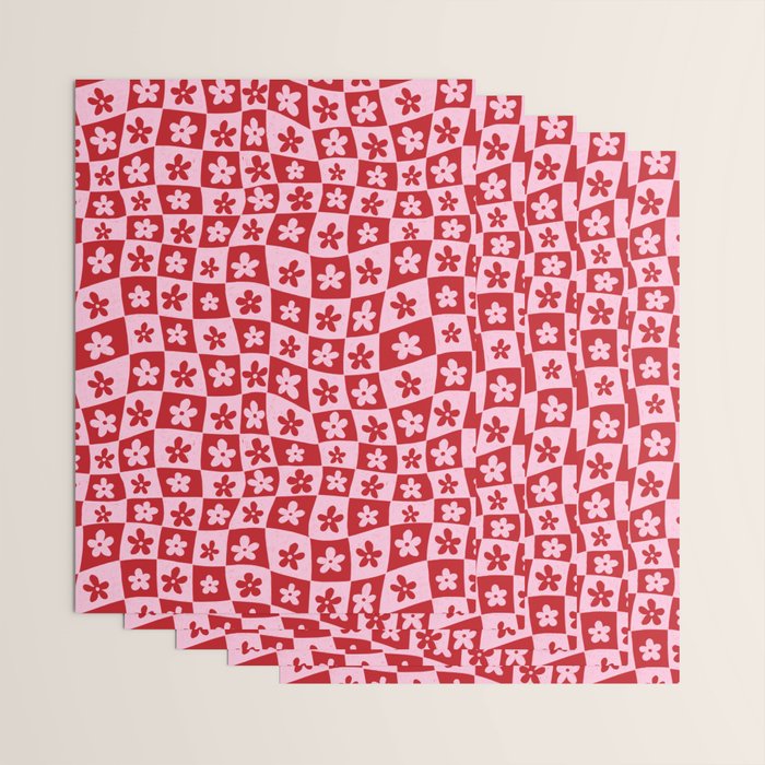 Red and Pink Retro Daisy Checkerboard Swirl Pattern Wrapping Paper Gallery Image 3