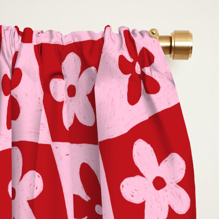 Red and Pink Retro Daisy Checkerboard Swirl Pattern Window Curtain Gallery Image 2