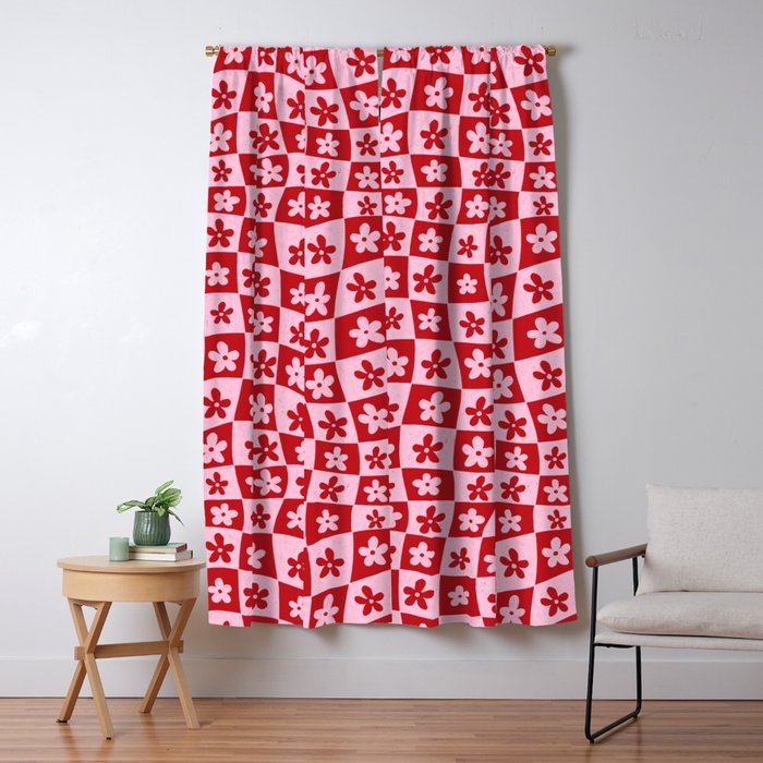 Red and Pink Retro Daisy Checkerboard Swirl Pattern Window Curtain Gallery Image 5