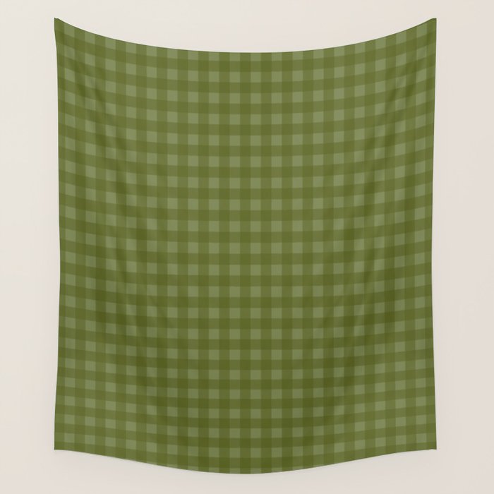 Gingham Check Pattern in Olive and Moss Green Wall Tapestry Gallery Image 1