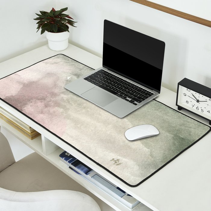 Abstract blush pink green white watercolor brushstrokes Desk Mat Gallery Image 2
