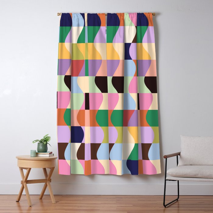 Retro Colorful Wavy Checkerboard Window Curtain Gallery Image 1
