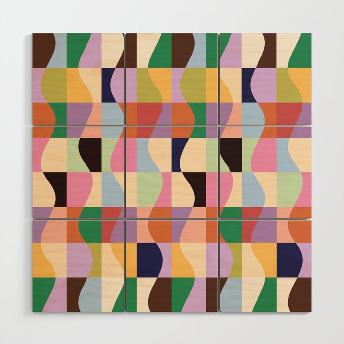 Retro Colorful Wavy Checkerboard Wood Wall Art Gallery Image 1