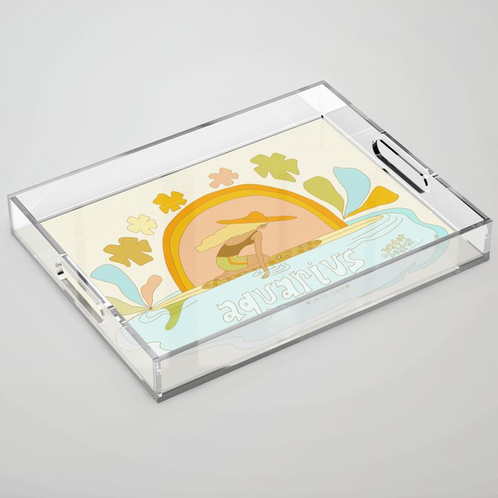 Aquarius surf zodiac // retro art by surfy birdy Acrylic Tray Gallery Image 1