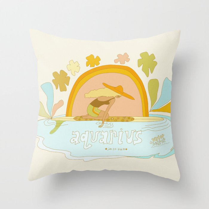 Aquarius surf zodiac // retro art by surfy birdy Throw Pillow Gallery Image 1