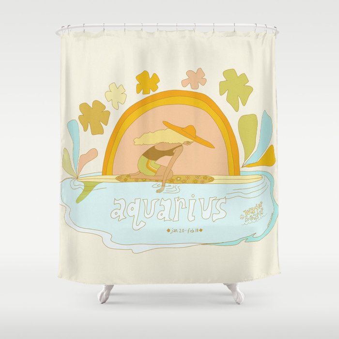 Aquarius surf zodiac // retro art by surfy birdy Shower Curtain Gallery Image 1