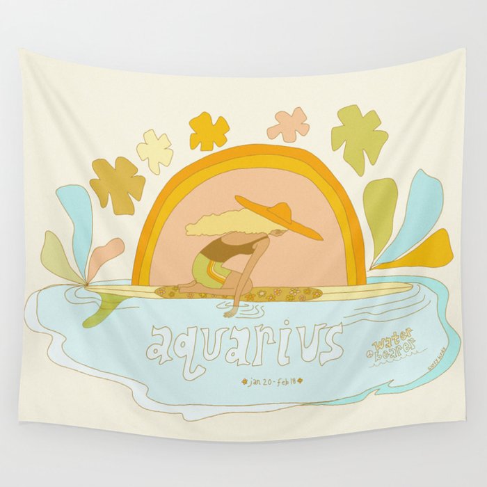 Aquarius surf zodiac // retro art by surfy birdy Wall Tapestry Gallery Image 4