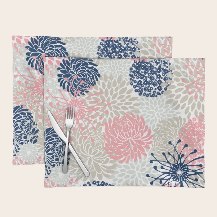 Floral Mixed Blooms, Blush Pink, Navy Blue, Gray, Beige Placemat Gallery Image 1
