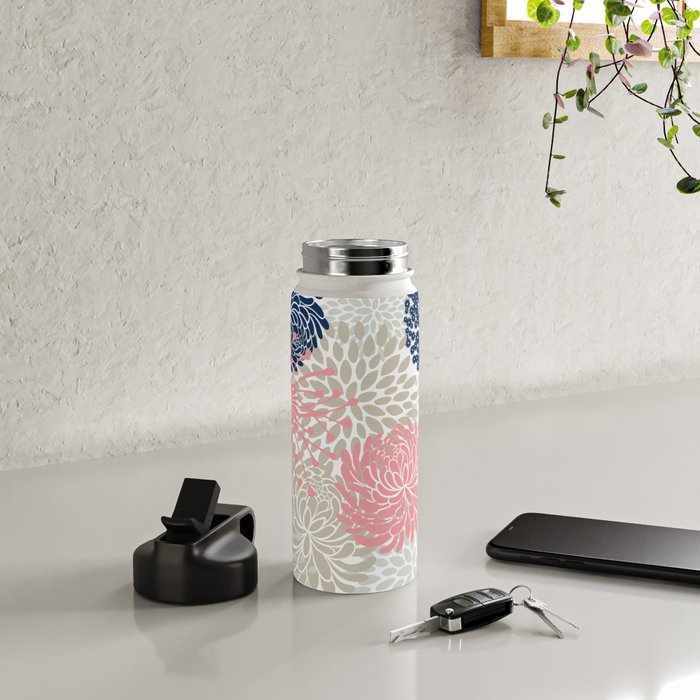 Floral Mixed Blooms, Blush Pink, Navy Blue, Gray, Beige Water Bottle Gallery Image 4