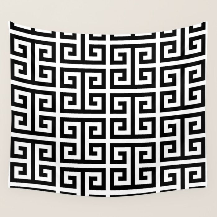 Large Black and White Greek Key Pattern Wall Tapestry Gallery Image 1