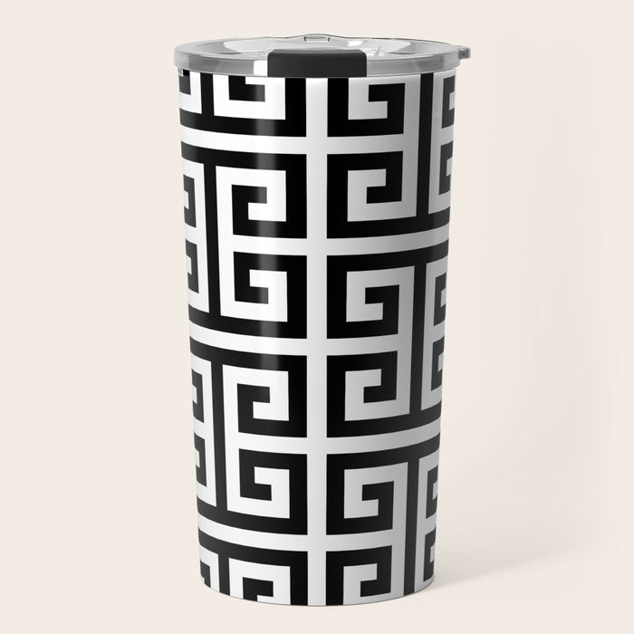 Large Black and White Greek Key Pattern Travel Mug Gallery Image 1