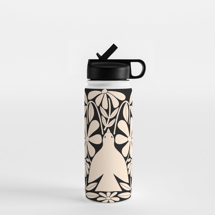 Freedom - Bird and Flower - Black and White  Water Bottle Gallery Image 1