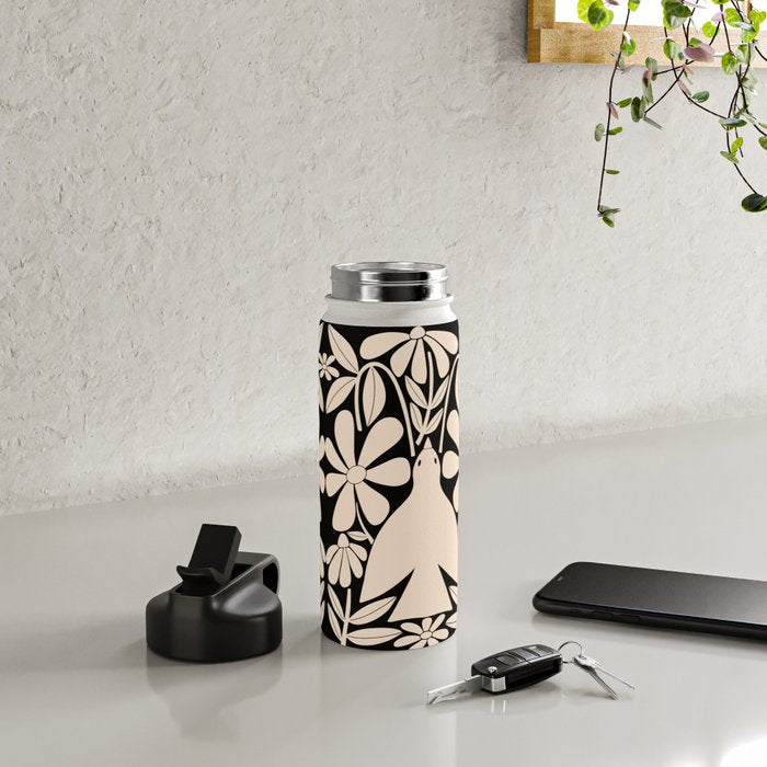 Freedom - Bird and Flower - Black and White  Water Bottle Gallery Image 4