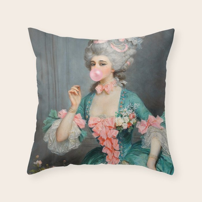 Lady With Roses & Bubblegum Altered Art Portrait Vintage Decor Throw Pillow Gallery Image 6