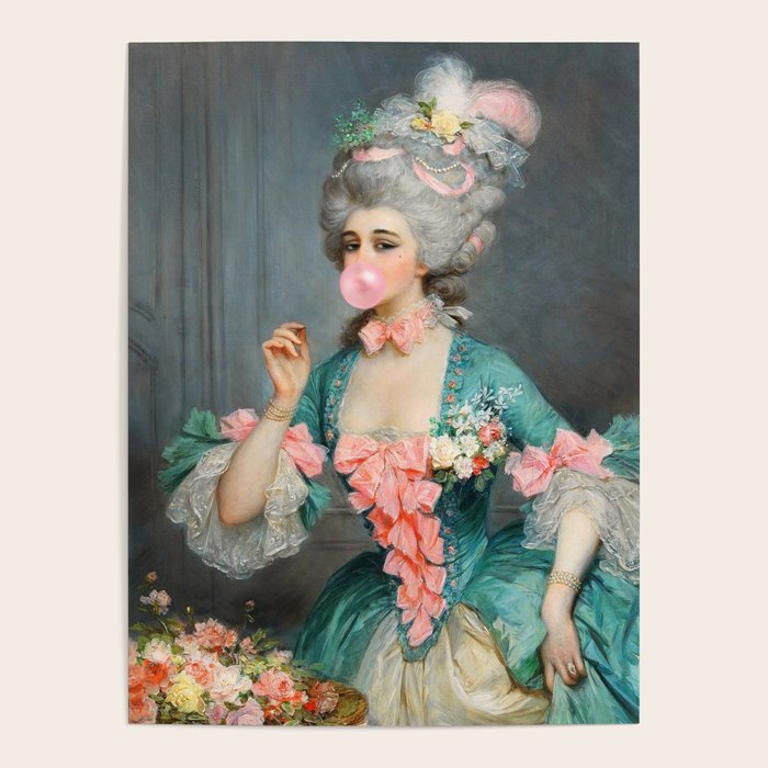 Lady With Roses & Bubblegum Altered Art Portrait Vintage Decor Poster