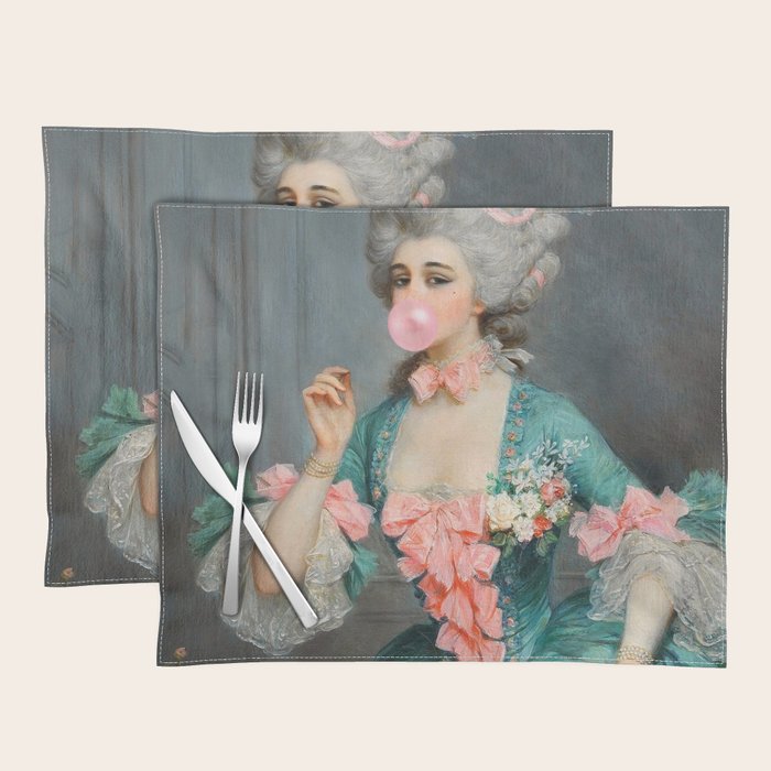 Lady With Roses & Bubblegum Altered Art Portrait Vintage Decor Placemat Gallery Image 1