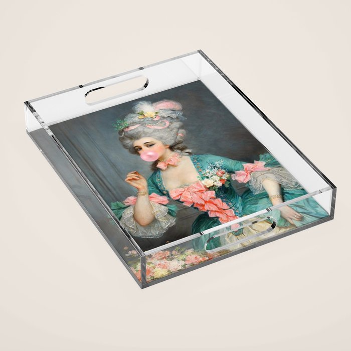 Lady With Roses & Bubblegum Altered Art Portrait Vintage Decor Acrylic Tray Gallery Image 1