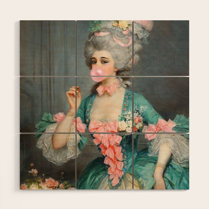 Lady With Roses & Bubblegum Altered Art Portrait Vintage Decor Wood Wall Art Gallery Image 1