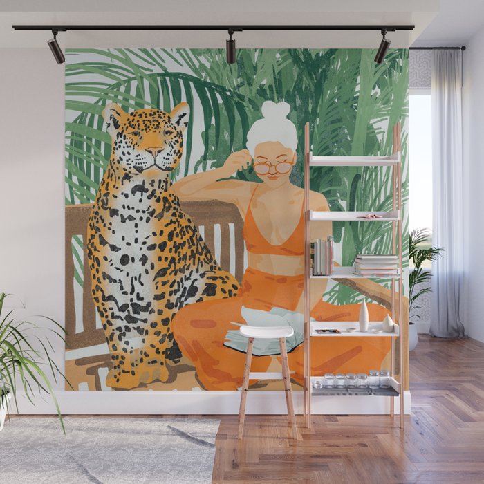 Jungle Vacay | Modern Bohemian Blonde Woman Tropical Travel | Leopard Wildlife Forest Reader Wall Mural Gallery Image 1