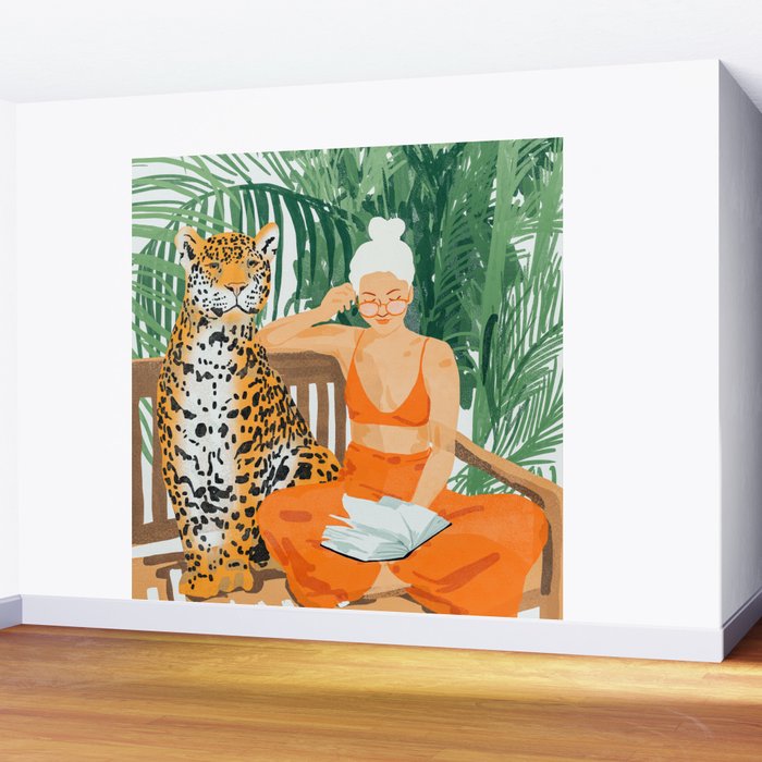 Jungle Vacay | Modern Bohemian Blonde Woman Tropical Travel | Leopard Wildlife Forest Reader Wall Mural Gallery Image 2