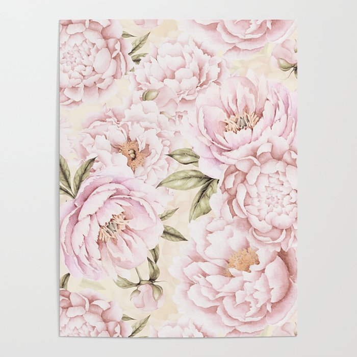 Pastel Blush Pink Spring Watercolor Peony Flowers Pattern Poster Gallery Image 1