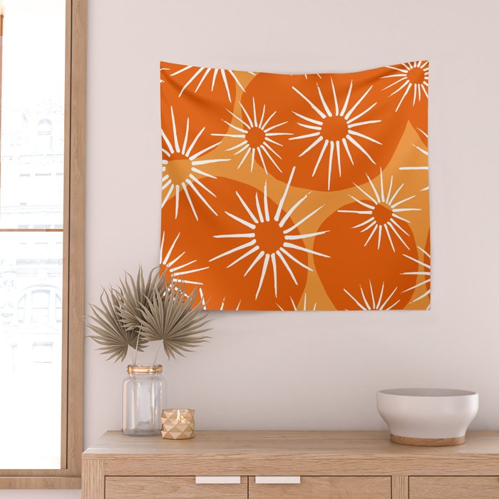 Mid-Century Modern 1950's Bright Orange Tangerine Sunburst Pattern Wall Tapestry Gallery Image 2