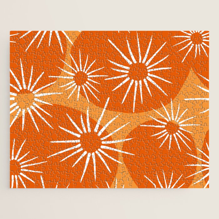 Mid-Century Modern 1950's Bright Orange Tangerine Sunburst Pattern Jigsaw Puzzle Gallery Image 1