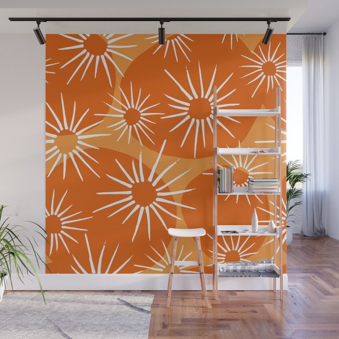 Mid-Century Modern 1950's Bright Orange Tangerine Sunburst Pattern Wall Mural Gallery Image 1