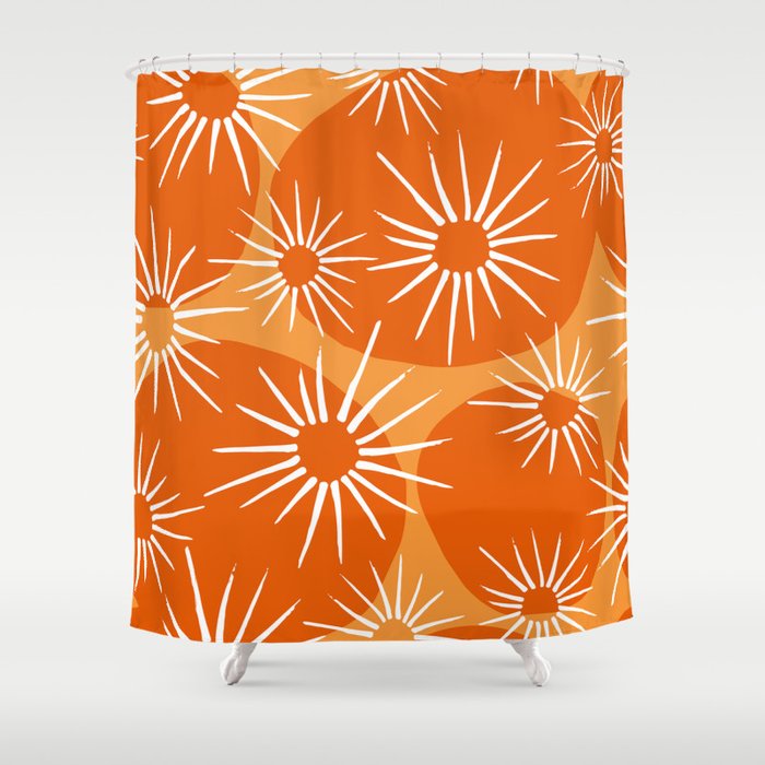Mid-Century Modern 1950's Bright Orange Tangerine Sunburst Pattern Shower Curtain Gallery Image 1