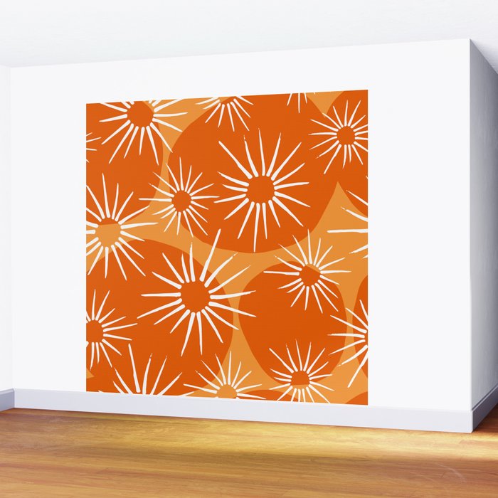 Mid-Century Modern 1950's Bright Orange Tangerine Sunburst Pattern Wall Mural Gallery Image 2