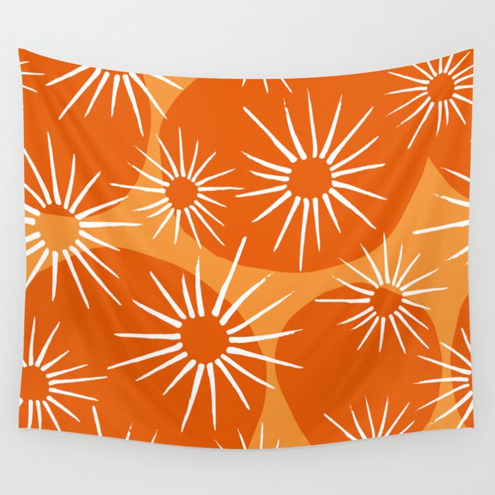Mid-Century Modern 1950's Bright Orange Tangerine Sunburst Pattern Wall Tapestry Gallery Image 1