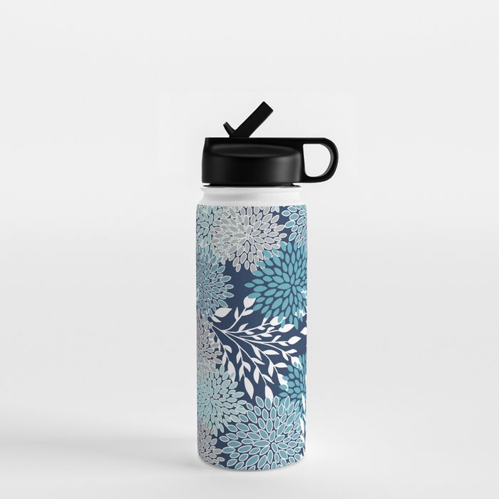 Garden Florals, Navy, Blue, Teal Water Bottle Gallery Image 1
