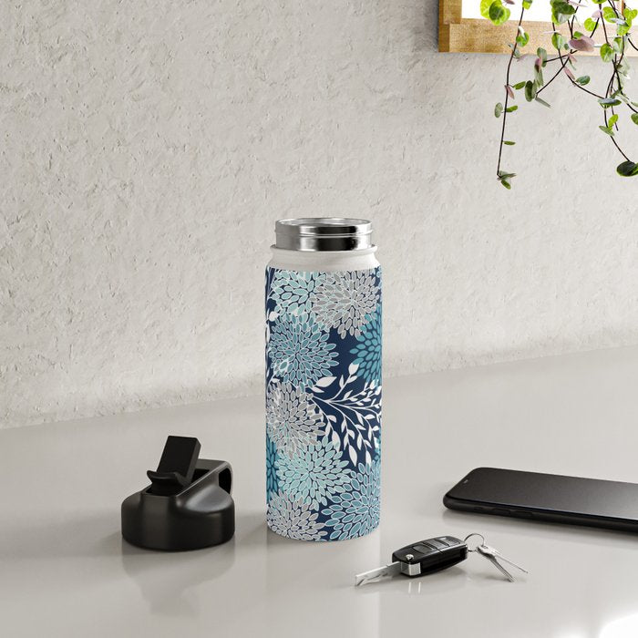Garden Florals, Navy, Blue, Teal Water Bottle Gallery Image 4
