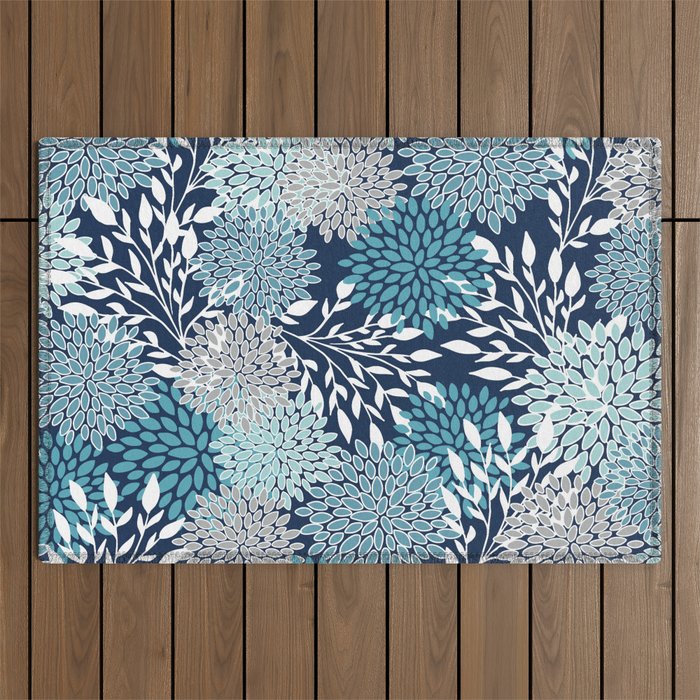 Garden Florals, Navy, Blue, Teal Outdoor Rug Gallery Image 1