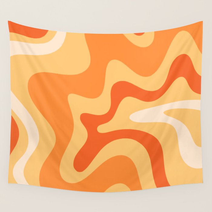 Retro Liquid Swirl Abstract Pattern Square in Tangerine Orange Yellow Tones Wall Tapestry Gallery Image 4