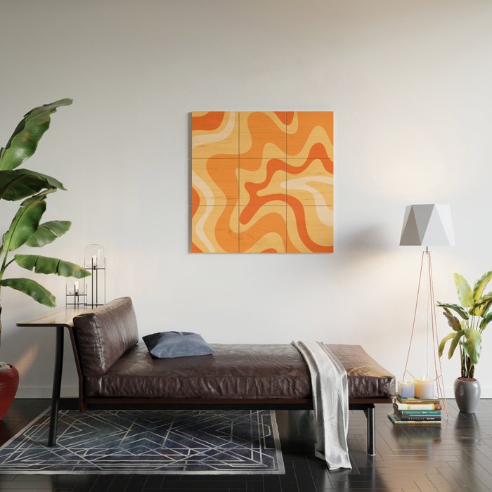 Retro Liquid Swirl Abstract Pattern Square in Tangerine Orange Yellow Tones Wood Wall Art Gallery Image 2