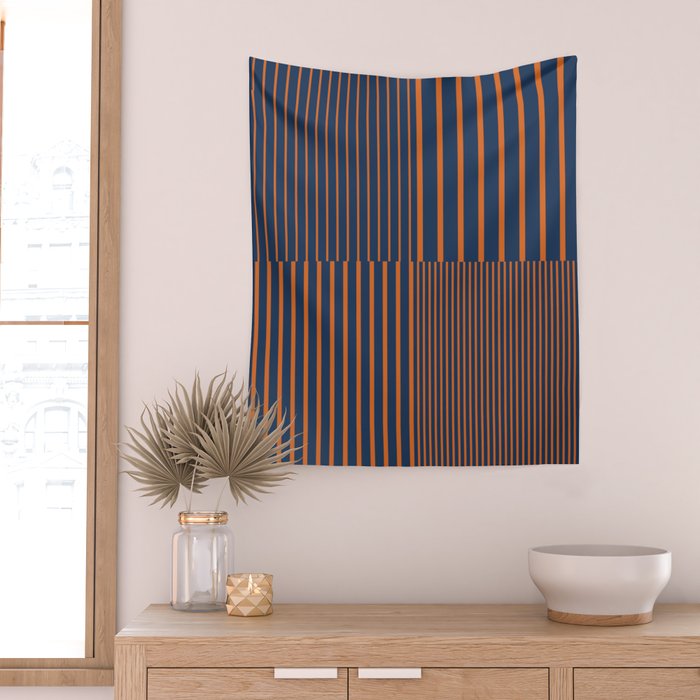 Stripes Pattern and Lines 8 in Navy Blue Orange Wall Tapestry Gallery Image 2