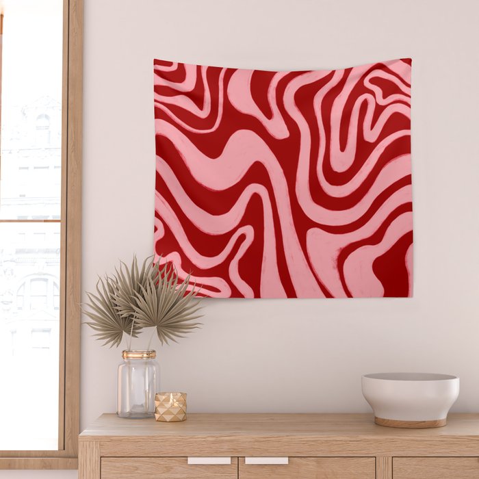 Retro 70s Pink Liquid Swirl on Dahlia Red Wall Tapestry Gallery Image 2