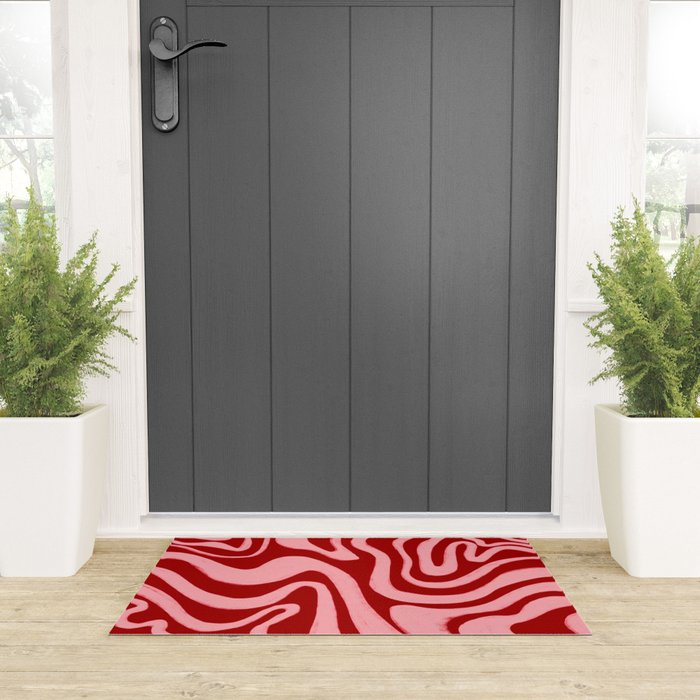Retro 70s Pink Liquid Swirl on Dahlia Red Welcome Mat Gallery Image 3