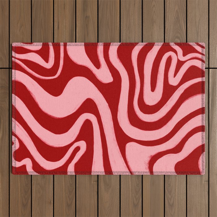 Retro 70s Pink Liquid Swirl on Dahlia Red Outdoor Rug Gallery Image 1