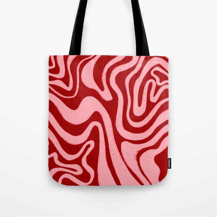 Retro 70s Pink Liquid Swirl on Dahlia Red Tote Bag Gallery Image 1