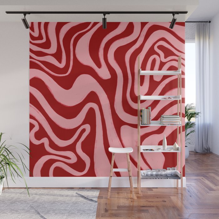 Retro 70s Pink Liquid Swirl on Dahlia Red Wall Mural Gallery Image 1