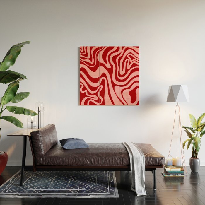 Retro 70s Pink Liquid Swirl on Dahlia Red Wood Wall Art Gallery Image 2
