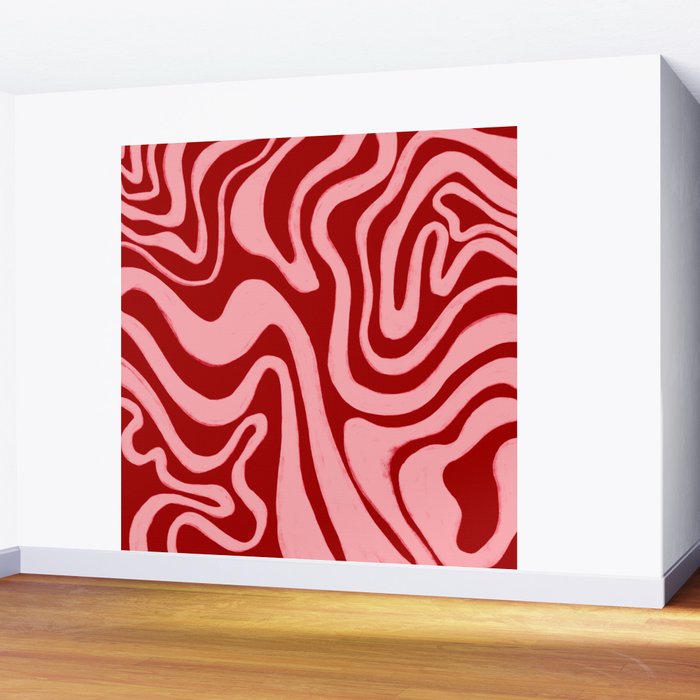 Retro 70s Pink Liquid Swirl on Dahlia Red Wall Mural Gallery Image 2