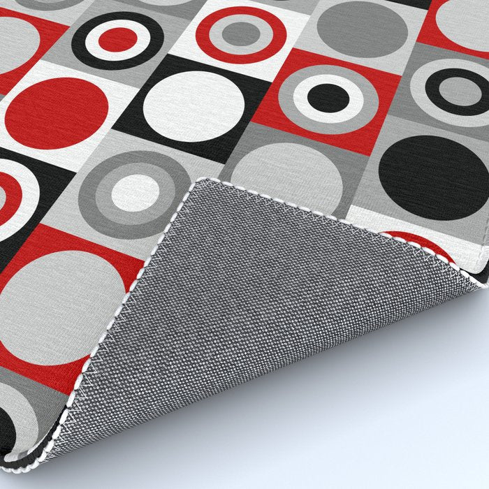 Mid Century Modern Geometric Square and Circle Pattern // Red, Gray, Black and White Rug Gallery Image 4